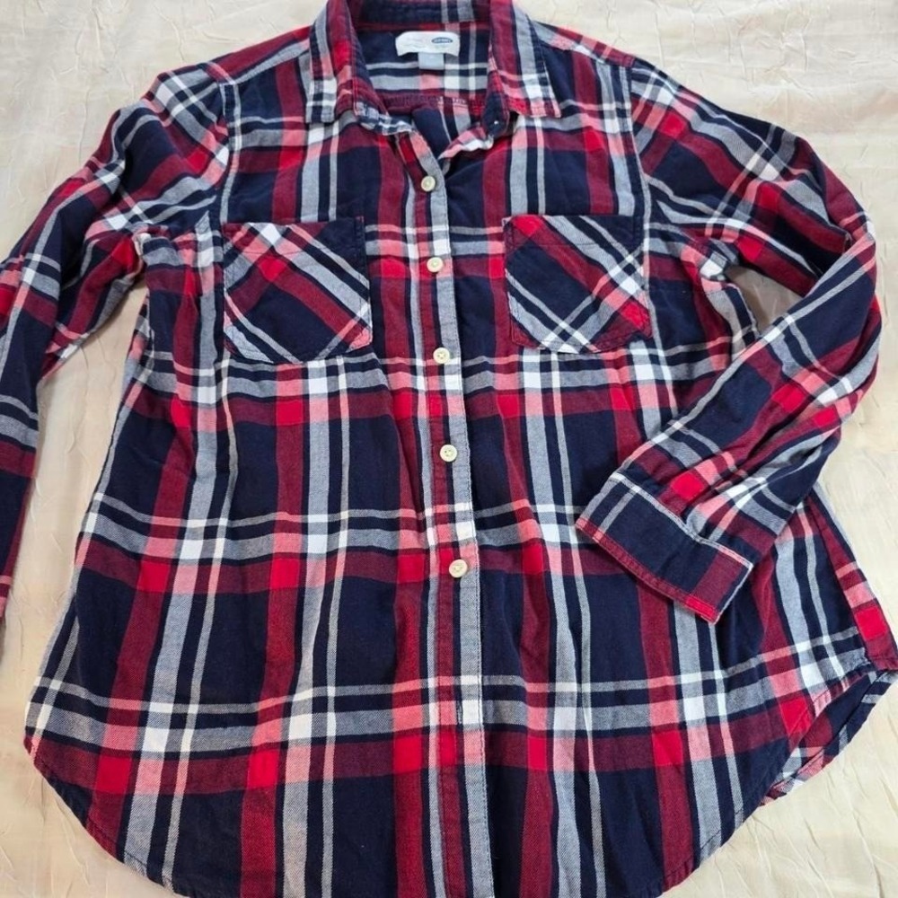 Old Navy Classic Flannel Plaid Button Down Shirt Red Navy White Womens Medium